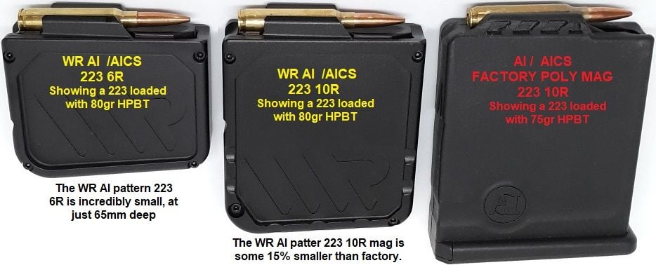 WR Magazine AI AICS metal billet alum 2.6" OAL extra long 223 remington 6 round and 10 round aftermarket drop in fit