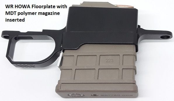 Waters Riflemant Howa Floorplate bottom metal trigger guard with an MDT 223 10R magazine inserted