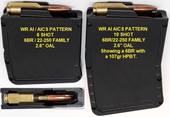 AICS Waters Rifleman Magazine 6BR and 22-250 6 Round and 10 Round 2.4" OAL Howa cut-out fitting ready